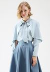 Aplastarse en la parte superior casual Bowknot Cape Sleeves Top en azul