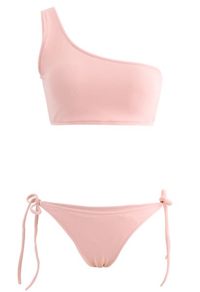 Conjunto de bikini de talle bajo con un hombro anudado en el lateral en rosa