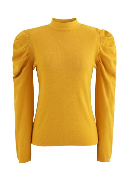 Top de punto con cuello alto y mangas de burbuja en amarillo