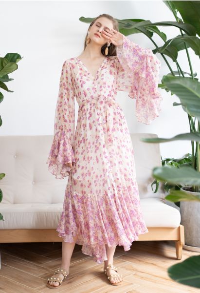 Vestido hi-lo semitransparente con mangas tipo kimono y flores ditsy