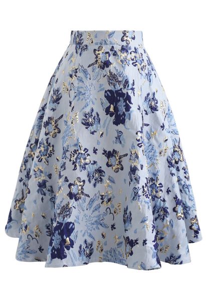 Falda midi de jacquard con estampado floral azul