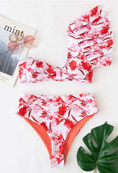 Conjunto de bikini Flor de un hombro con volantes