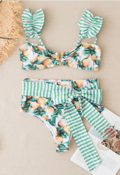 Conjunto de bikini con lazo y estampado de limones a rayas