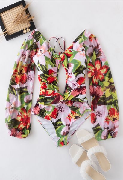 Bañador halter con abertura y manga de malla en floral tropical