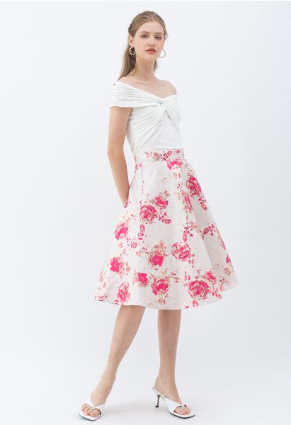 Falda midi evasé de jacquard rosa rojiza