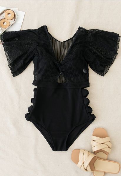 Conjunto de sujetador removible y traje de baño de encaje en negro