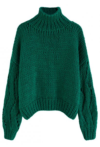 Suéter tejido a mano con cuello alto y manga pointelle en verde