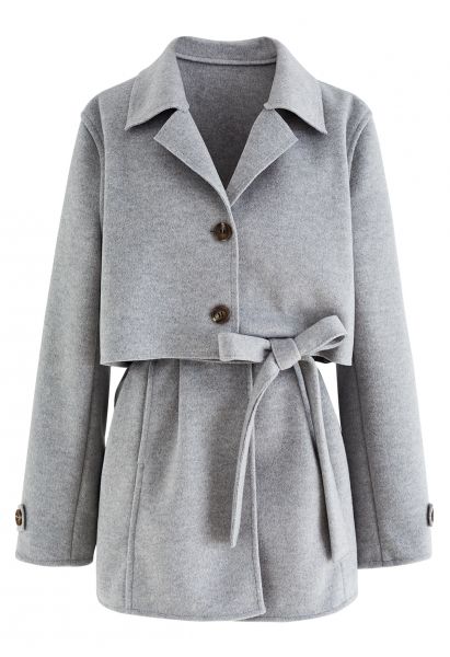 Conjunto de blazer corto de mezcla de lana y chaleco con cinturón en gris