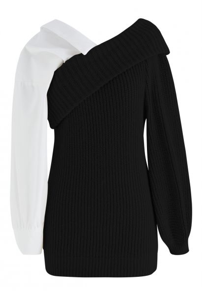Suéter de punto acanalado con hombros doblados y empalmados en negro