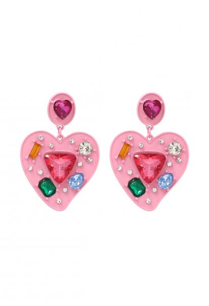 Aretes de cristal multicolor en forma de corazón en rosa