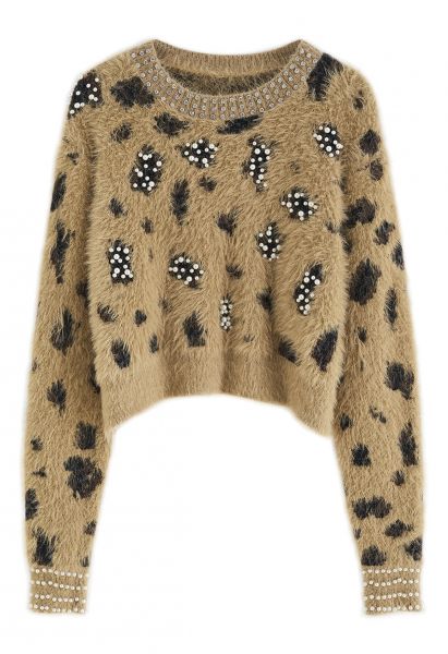 Suéter corto de punto difuso de leopardo nacarado en caqui