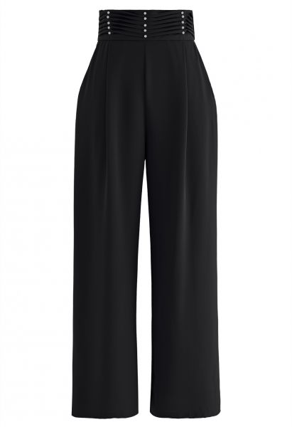 Pantalones de pernera ancha con cintura plisada nacarada en negro