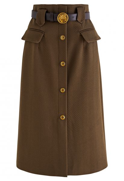 Falda midi vintage con bolsillo con solapa y botones en caqui