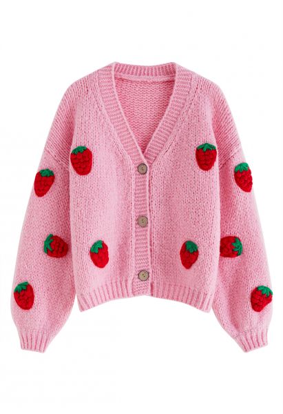 Cárdigan tejido a mano con botones de fresa de Stitch en rosa caramelo