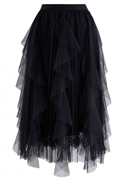 Falda de tul de malla con volantes de encaje floral en negro