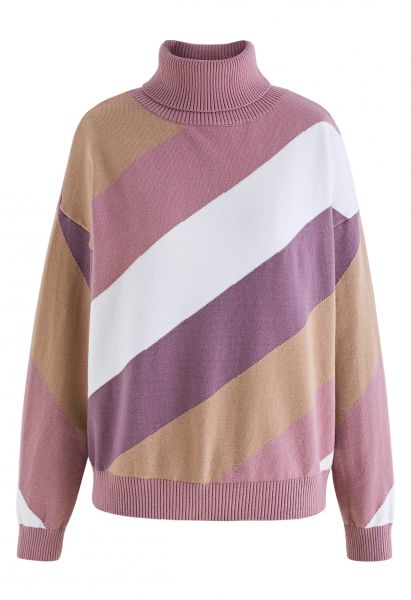 Suéter de punto de cuello alto con bloques de color a rayas en rosa