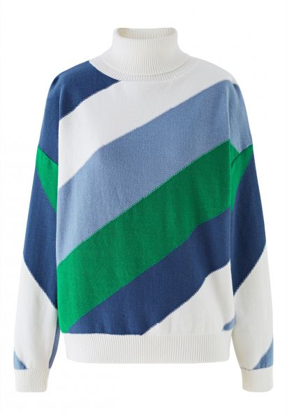 Suéter de punto de cuello alto con bloque de color a rayas en azul