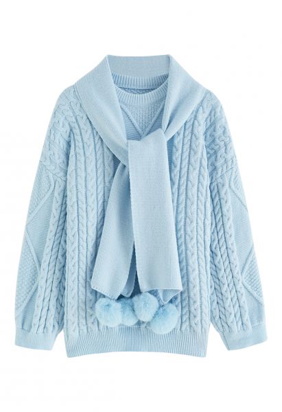 Suéter de punto de ochos con bufanda de pompones en azul bebé