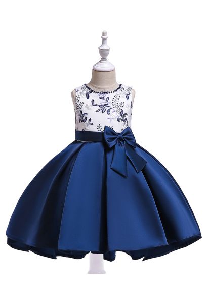 Vestido de princesa Hi-Lo con lazo de rama bordada en azul marino para niños