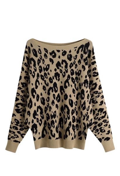 Suéter con manga de murciélago de jacquard de leopardo en camello