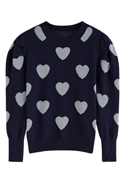Suéter de punto con hombros abullonados y corazones metálicos en azul marino