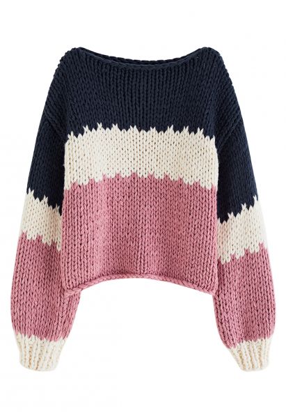 Suéter grueso de punto a mano con manga globo con bloque de color en rosa