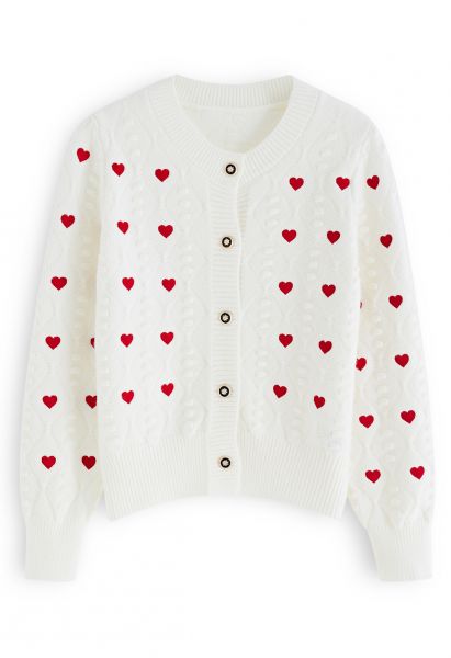 Cárdigan de punto con botones en relieve y bordado de corazones en blanco