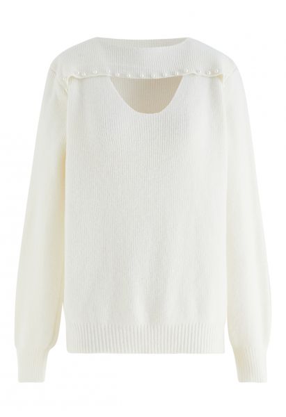 Suéter de punto con escote de perlas recortadas en blanco