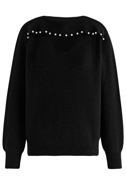 Suéter de punto con escote de perlas recortadas en negro