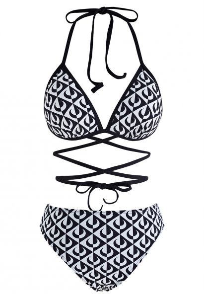 Conjunto de bikini con cuello halter de luna en blanco y negro