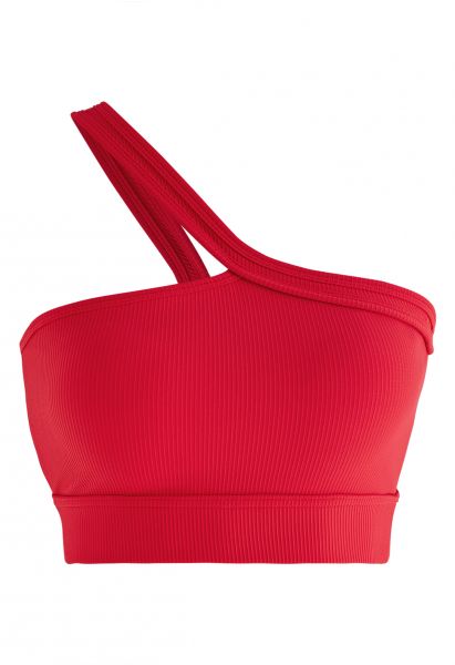 Sujetador deportivo acanalado con cuello halter inclinado en rojo