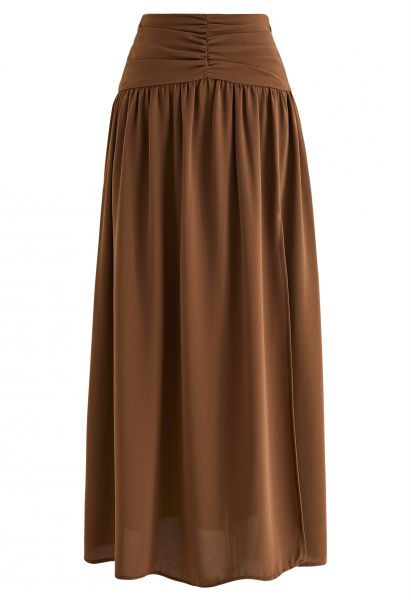 Falda larga con abertura en la cintura fruncida en marrón