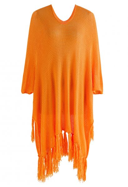 Vestido playero de punto Pointelle con dobladillo con flecos en naranja