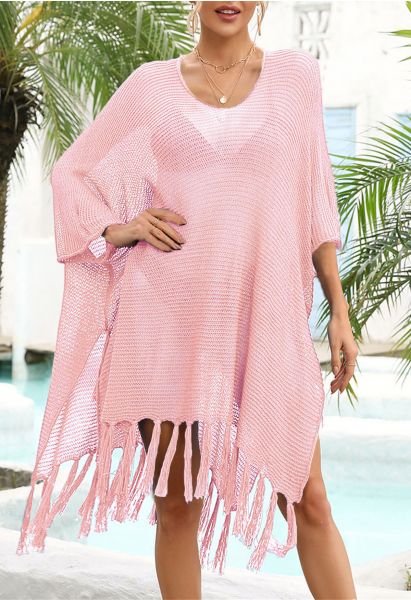 Vestido playero de punto Pointelle con dobladillo con flecos en rosa