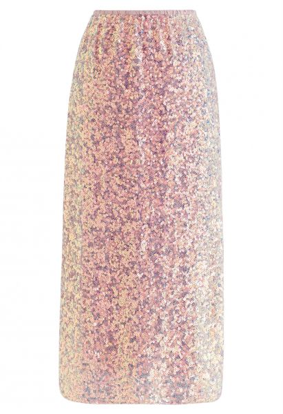 Falda lápiz adornada con lentejuelas iridiscentes en rosa