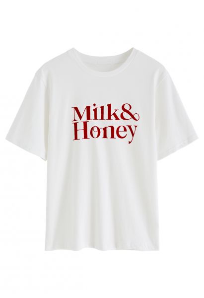 Camiseta de cuello redondo con letras de terciopelo en blanco
