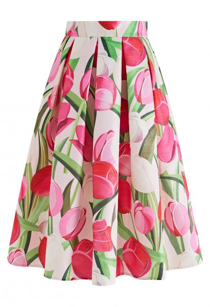 Falda midi con estampado de tulipanes metálicos brillantes