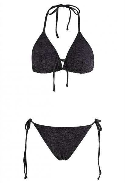 Deslumbrante conjunto de bikini con cordón metálico en negro