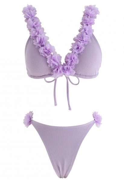 Conjunto de bikini con escote en V profundo floral de malla 3D en lila