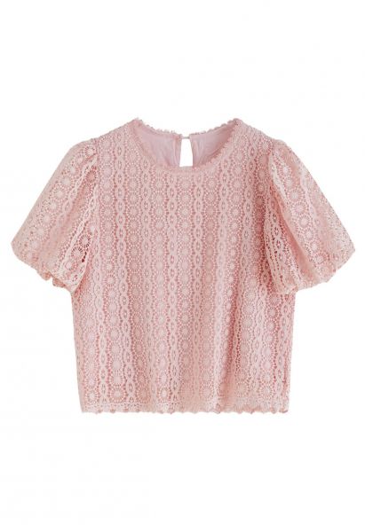 Top de manga corta con burbujas de crochet completo en rosa