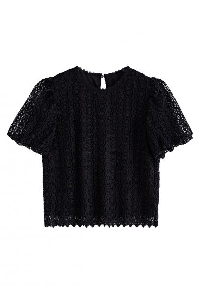 Top de manga corta con burbujas de crochet completo en negro