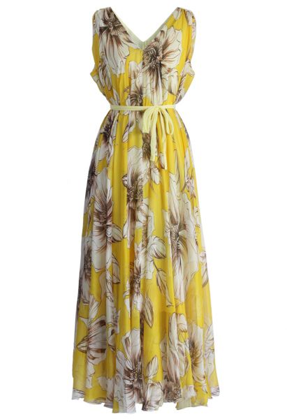 Maravilloso Maxi Vestido Floral en Chifón Amarillo