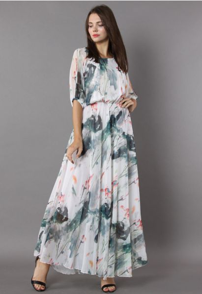 Maxi Vestido con Estampado de Pintura con Acuarela