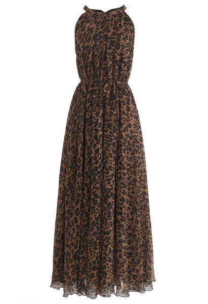 Vestido largo sin mangas en acuarela de leopardo en marrón