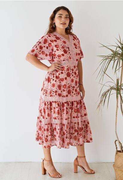 Vestido de gasa con volantes de croché floral rojo