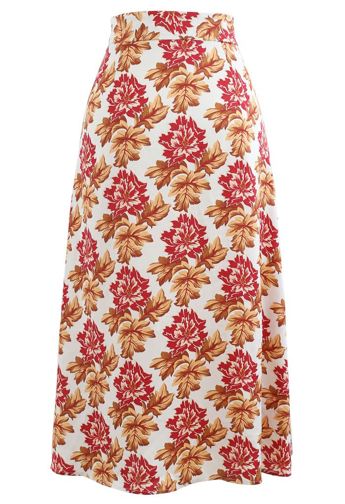 Falda roja fruncida con estampado floral y lengüeta lateral