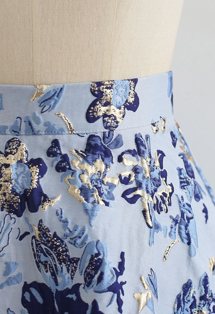 Falda midi de jacquard con estampado floral azul