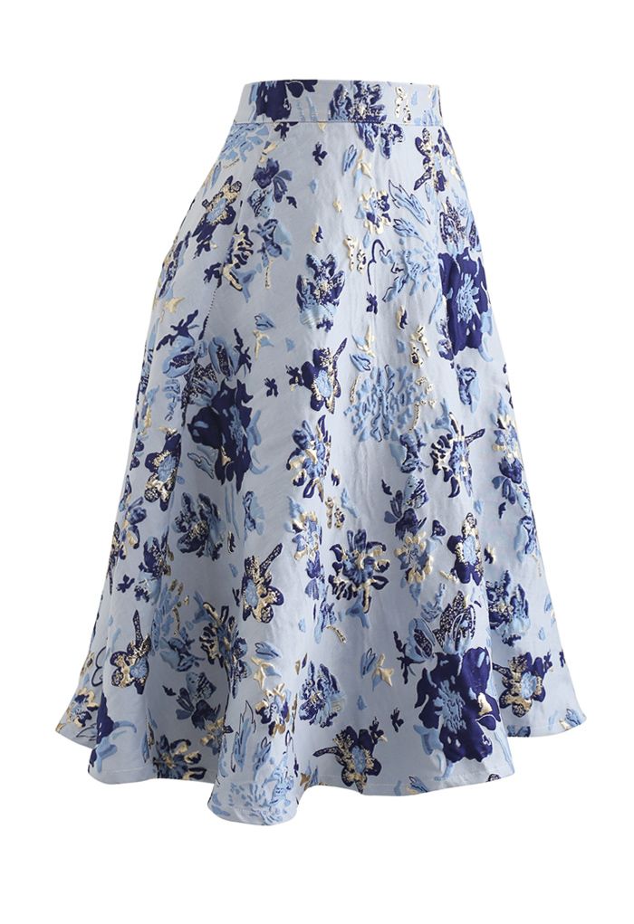 Falda midi de jacquard con estampado floral azul