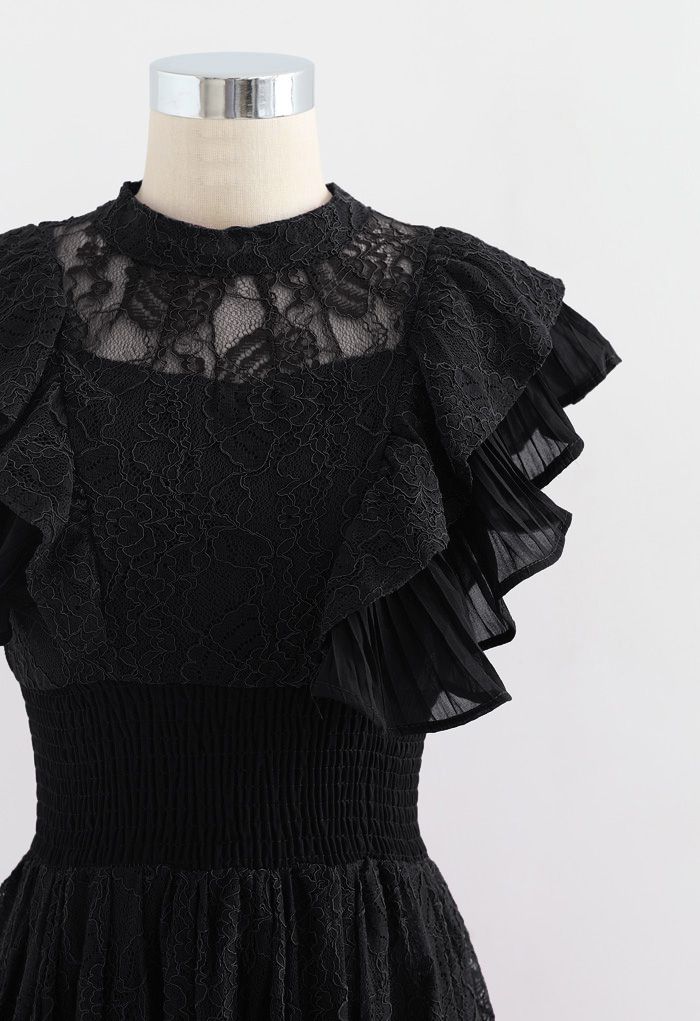 Vestido midi de encaje sin mangas con volantes escalonados en negro