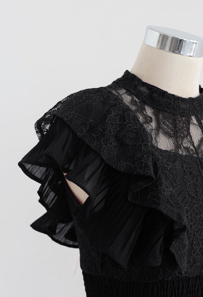 Vestido midi de encaje sin mangas con volantes escalonados en negro